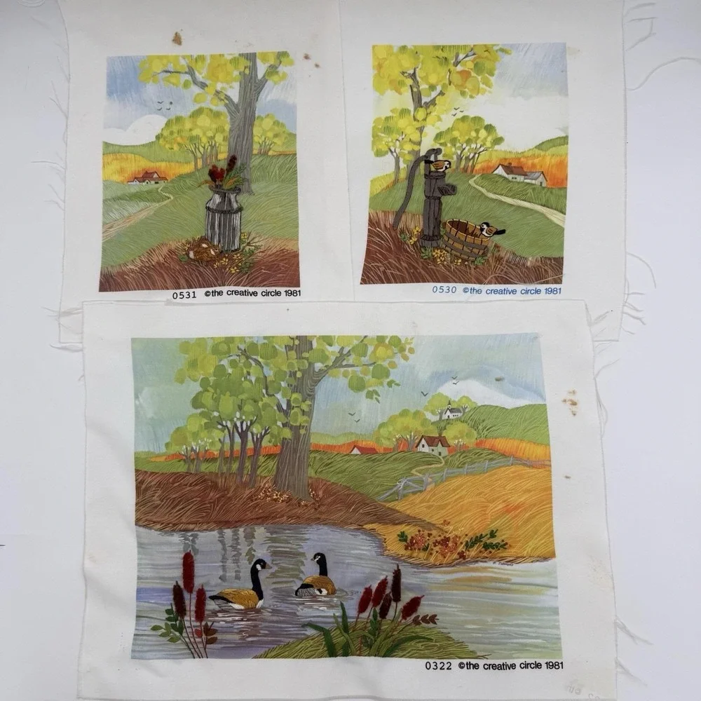 Vtg Set 3 Needlepoint Landscape Scene Completed Colorful Country Granny Wall Art